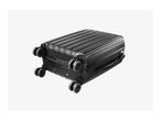 Black hard-shell suitcase with four spinner wheels, lying on its side.