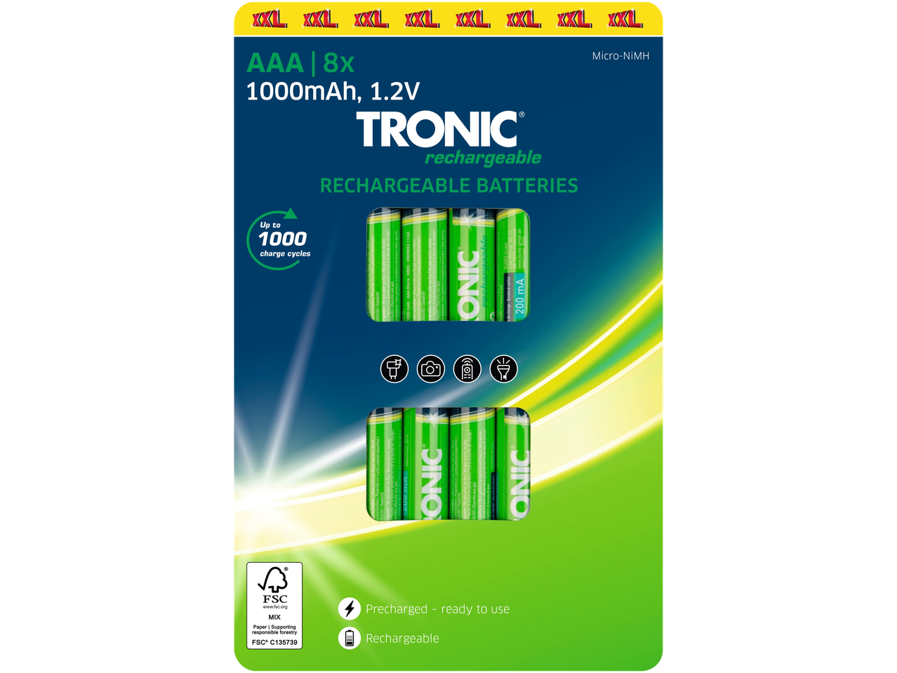 8 vnt. TRONIC AAA įkraunamų baterijų, 1000 mAh.