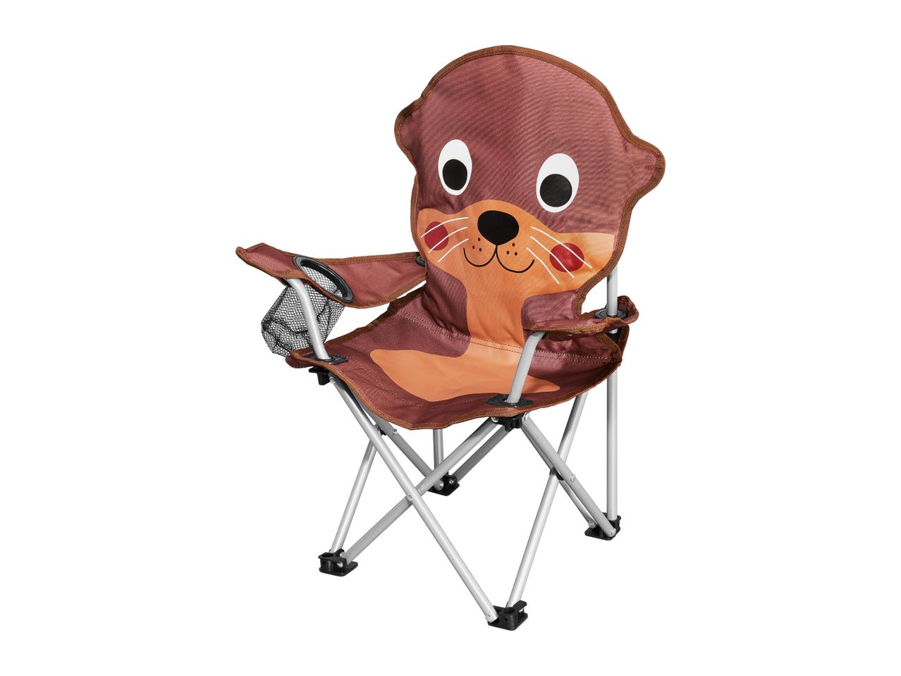 A brown otter-themed children's folding camping chair with a mesh cup holder.
