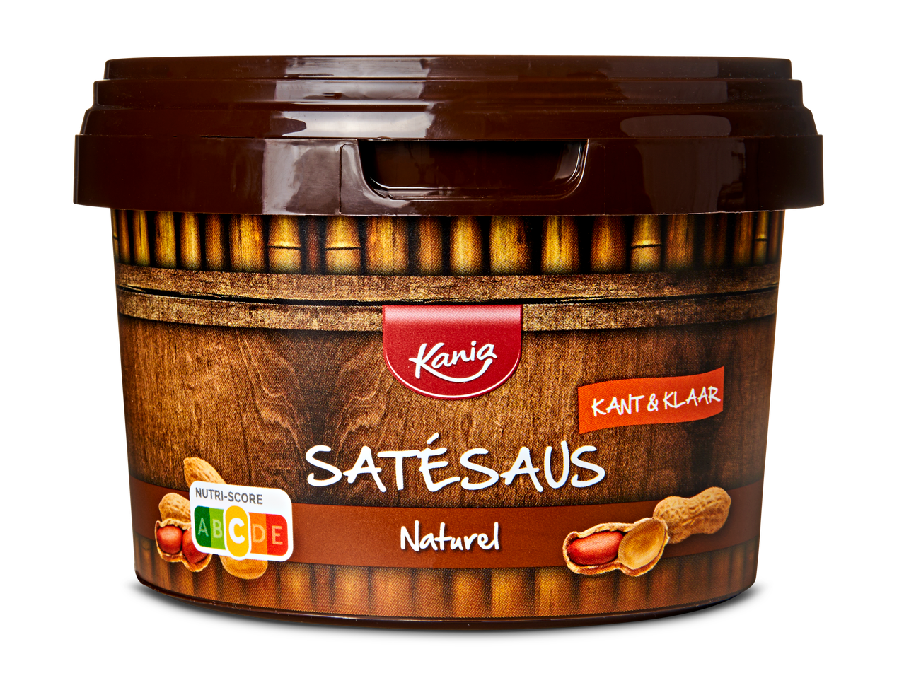 Kania Satésaus Natuurlijke pindasaus in een bruine verpakking met Nutri-Score A.