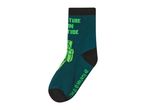 Dark teal sock with green pixelated text and character, black cuff and toe.
