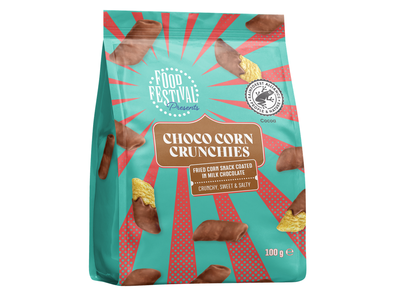 Food Festival Choco Corn Crunchies zak, gefrituurde maissnack omhuld met melkchocolade.