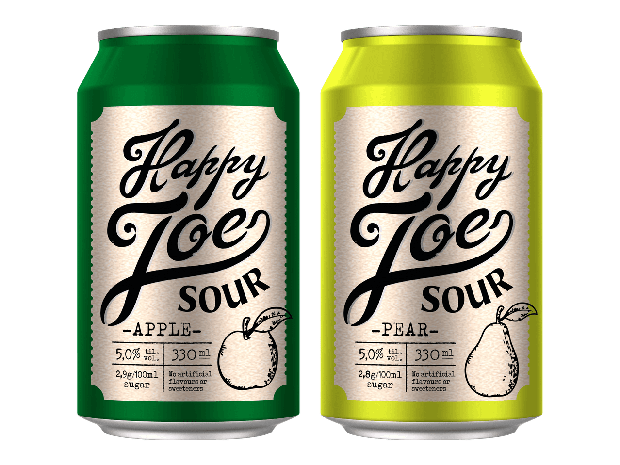 Kaksi tölkkiä, toinen vihreä omenanmakuinen ja toinen keltainen päärynänmakuinen, molemmissa teksti 'Happy Joe Sour'.
