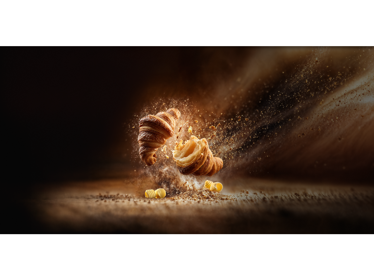 Croissant de manteiga crocante, esfarelado, sobre fundo escuro.