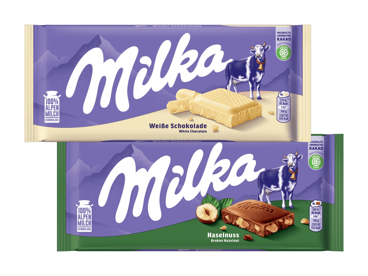 Zwei Milka Schokoladentafeln: weiße Schokolade und Haselnuss.