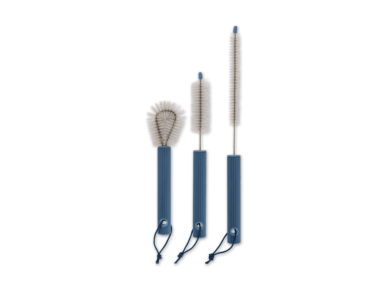 Set aus drei blauen Flaschenbürsten in verschiedenen Größen