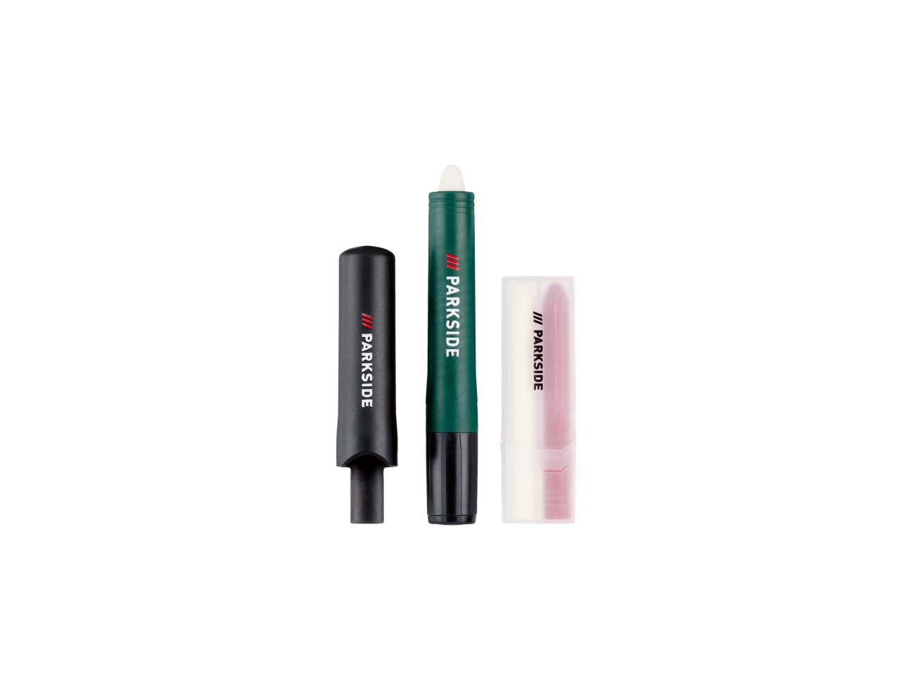 PARKSIDE marķieru komplekts: melns, zaļš un balts ar sarkanu logotipu.