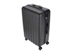Black hard-shell suitcase with vertical ridges, a retractable handle, and four spinner wheels.