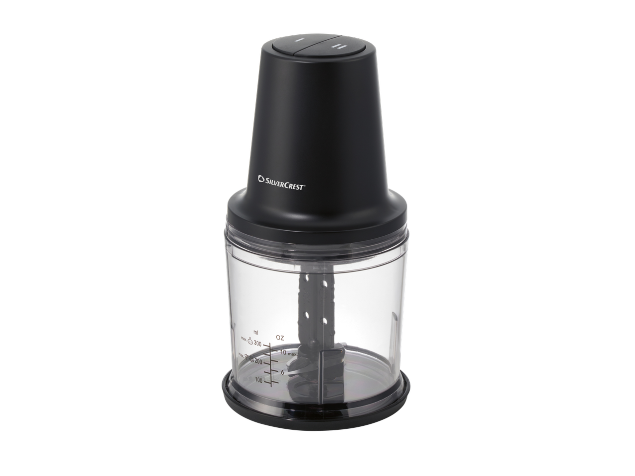 SILVERCREST® Mini Chopper with a black motor unit and clear bowl with measurements.