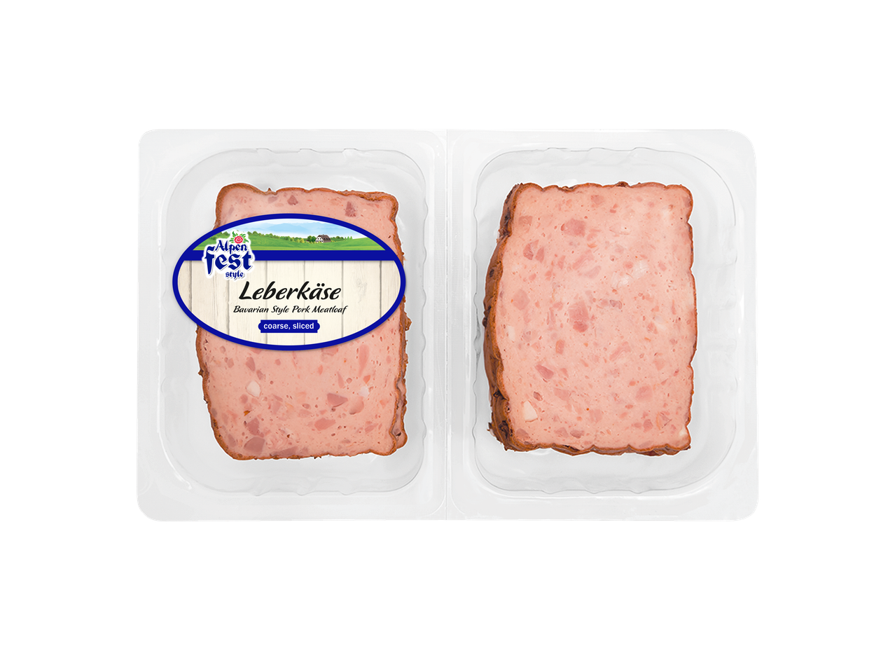 Alpen Fest Leberkäse, Beierse stijl varkensbrood, gesneden.