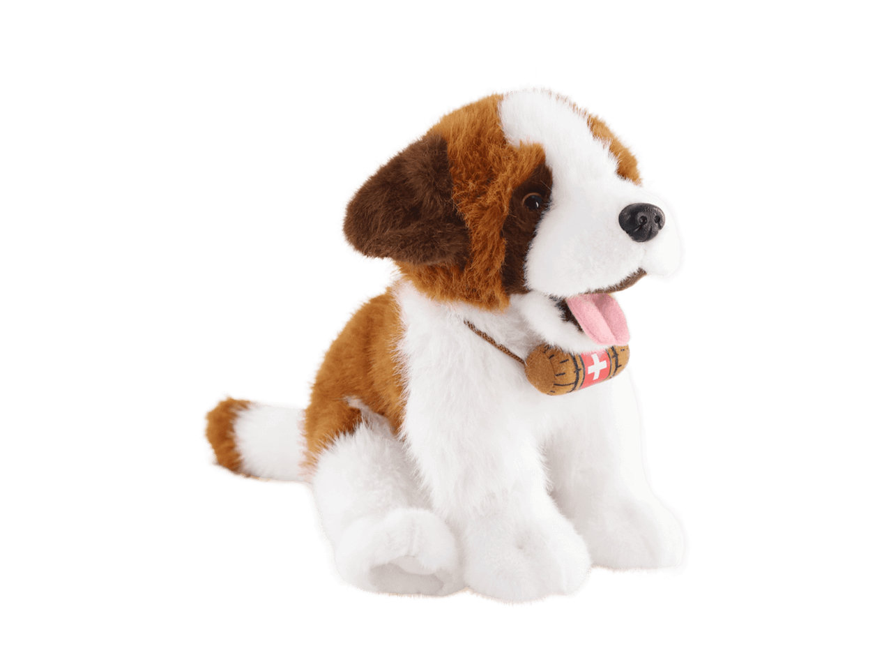 Peluche Saint-Bernard assise avec un tonneau autour du cou.
