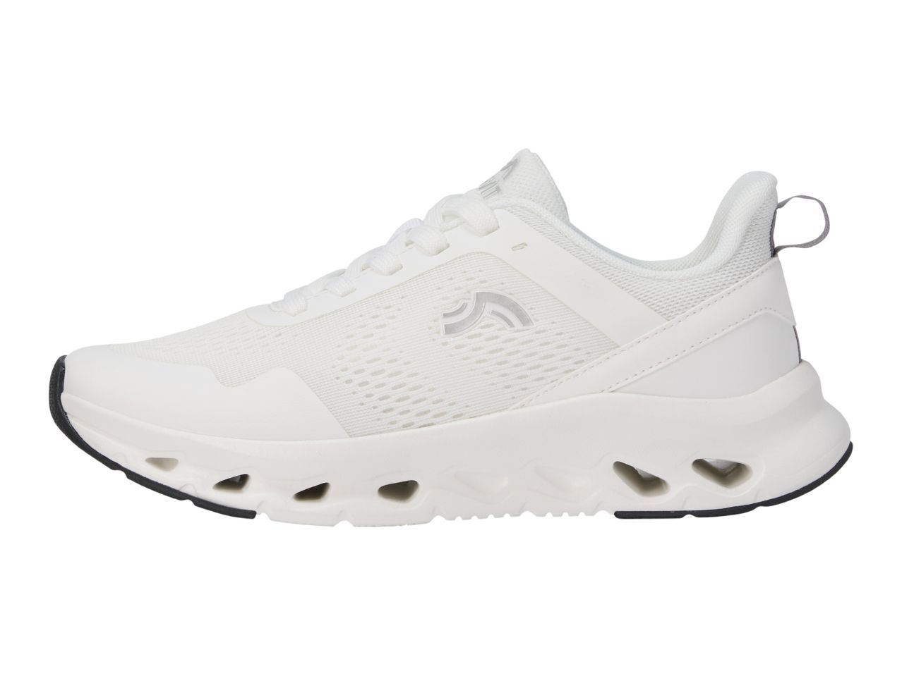 White athletic shoe with a mesh upper, white laces, and a distinctive cut-out sole design.