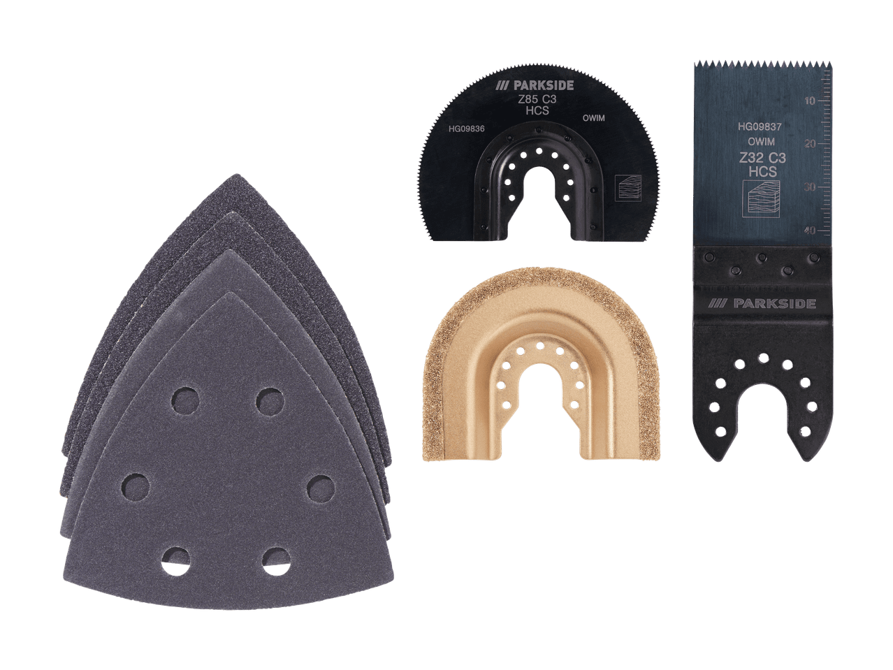 Accessoires pour outils multifonctions : feuilles abrasives, lames de scie et racloir.