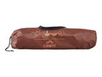 A brown Crivit camping chair is packed in its carrying bag.