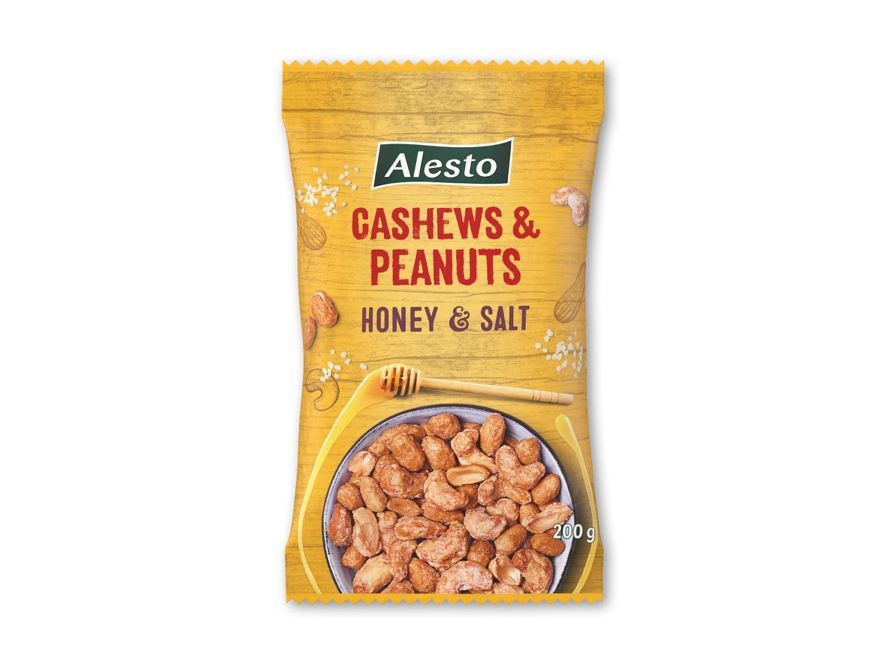 Pose med cashewnødder og peanuts med honning og salt.
