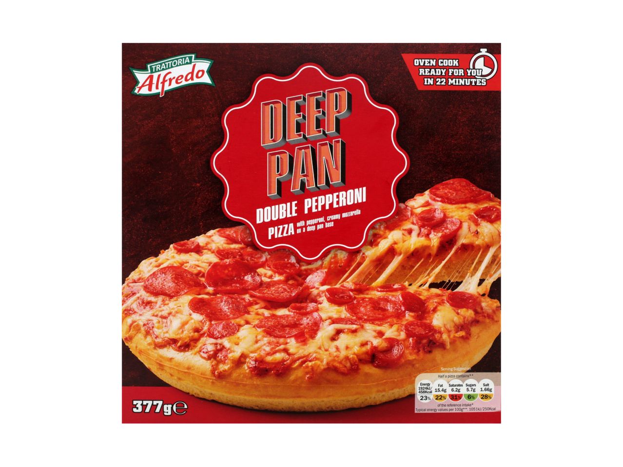 Deep pan double pepperoni pizza with creamy mozzarella, ready in 22 minutes.
