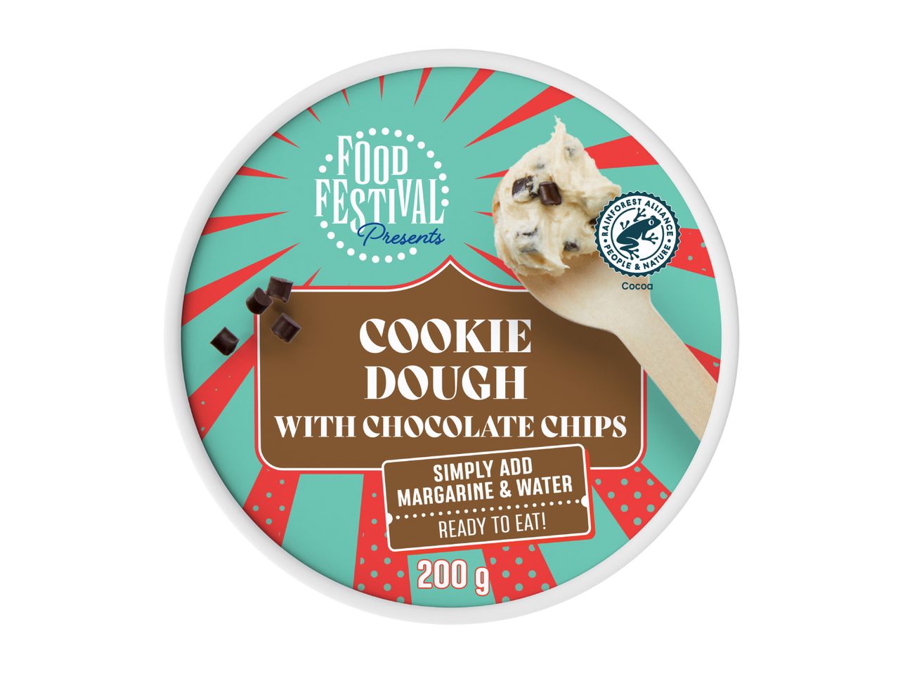 Cookie dough with chocolate chips in a round container, ready to eat.