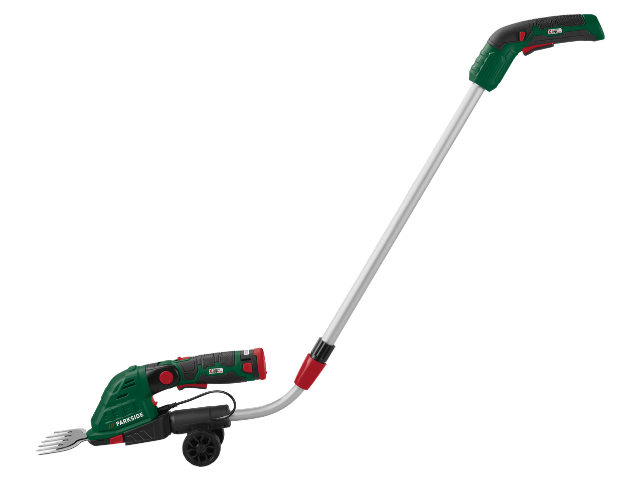 Trimmer electric de gazon cu mâner lung și roți, verde și negru.