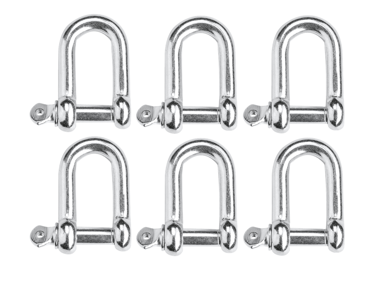 Six shiny metal D-shackles arranged in two rows.