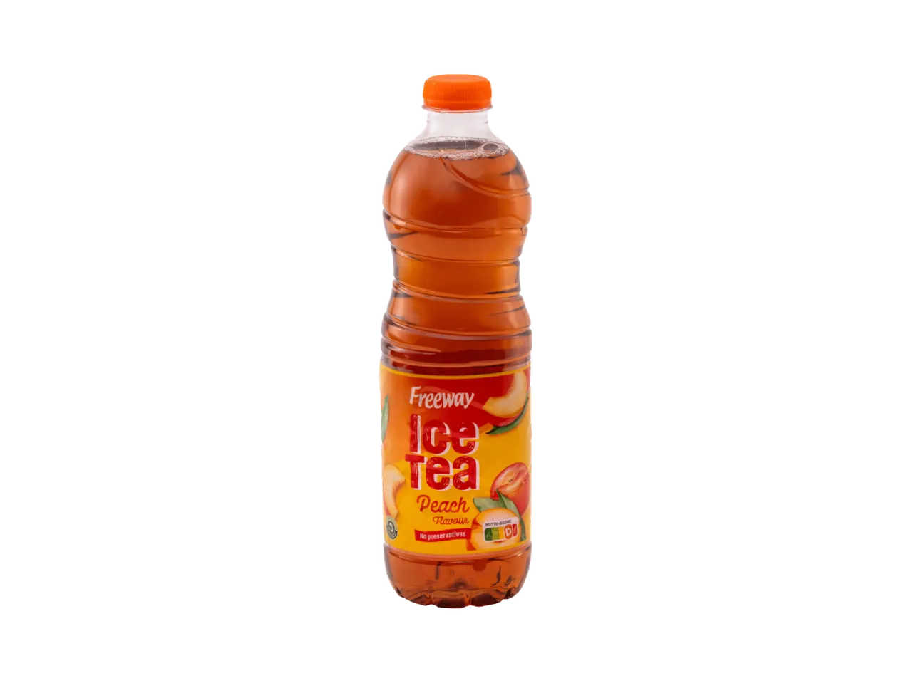 Boca ledenog čaja sa ukusom breskve i narandžastim čepom.