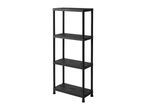 Black plastic four-tier shelving unit on a white background.