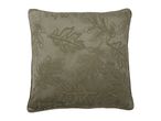 Green decorative cushion with embroidered leaf patterns
