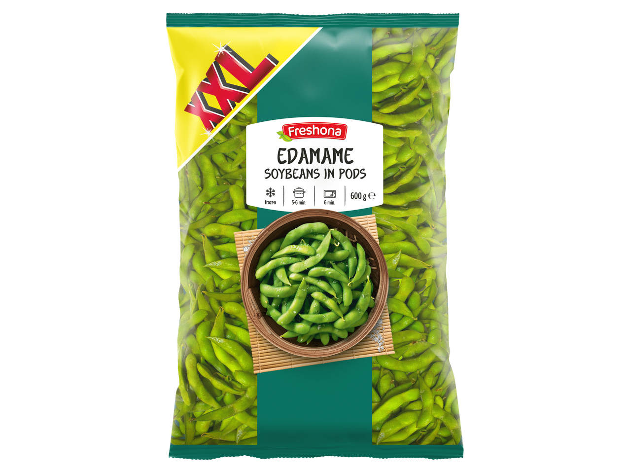 Freshona XXL Edamame sojos pupelės ankštyse, šaldytos, 600g.