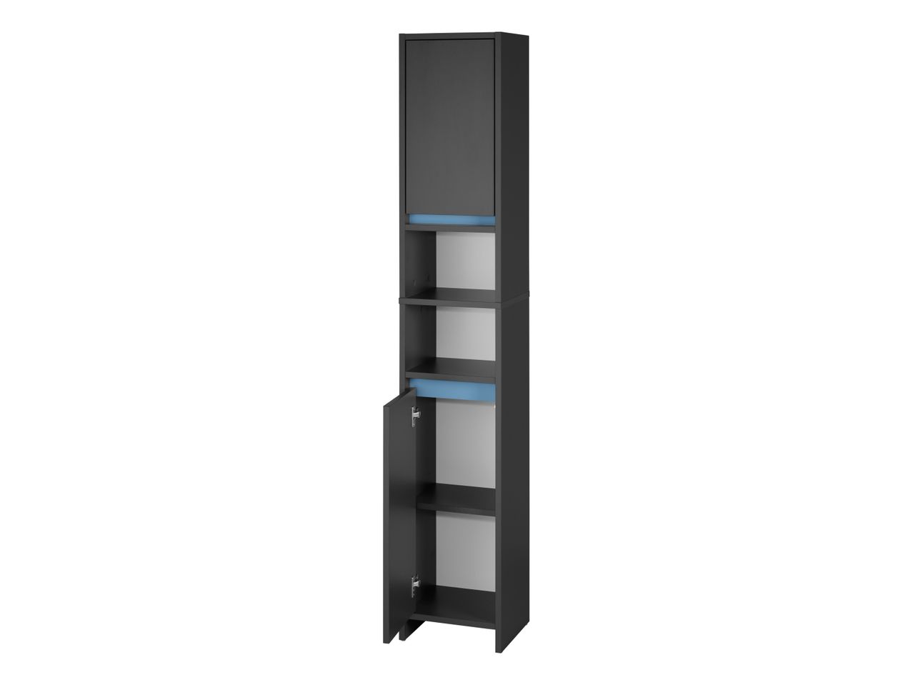 A tall, dark gray bathroom cabinet with open shelves and a door, featuring light blue accents.