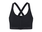 Black sports bra with a front zipper and criss-cross back straps.