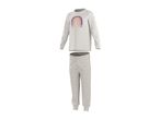 White long-sleeved pajama set with a rainbow graphic and polka dot pants.