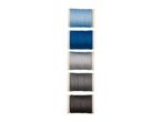 Five spools of sewing thread in shades of blue and grey, arranged vertically.