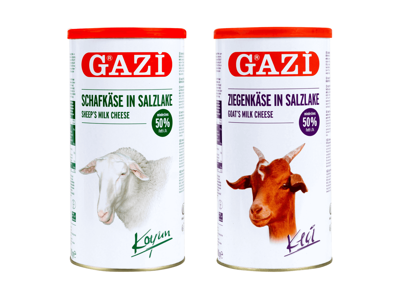 Zwei Dosen Schafskäse und Ziegenkäse in Salzlake, jeweils mit 50% Fett i.Tr.
