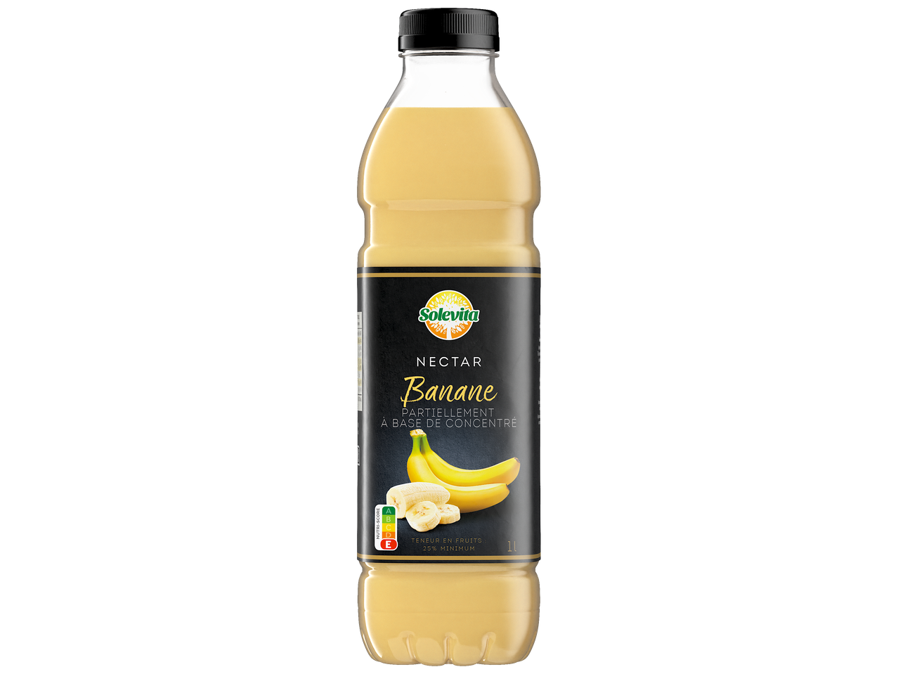 Bouteille de nectar de banane avec Nutri-Score E, indiquant 25% de fruits minimum.
