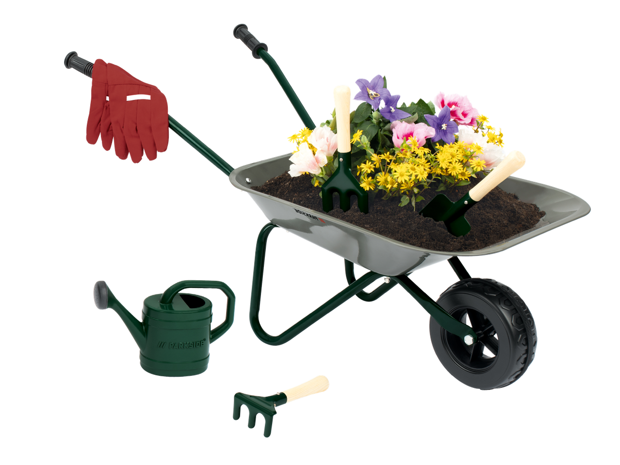 Kolica s cvijećem, vrtnim alatom, rukavicama i kantom za zalijevanje.