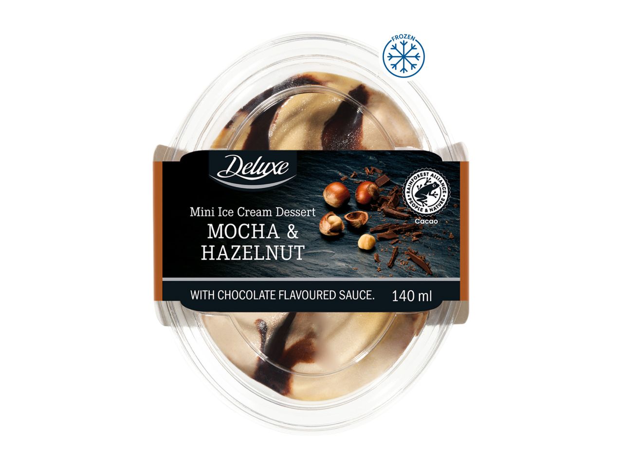 Mini ice cream dessert with mocha and hazelnut, with chocolate flavoured sauce, 140 ml, frozen.