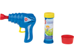 Pistol de baloane de săpun PLAYTIVE albastru cu soluție de rezervă și recipient roșu.