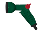 Pistolet d'arrosage vert avec buse réglable et bouton rouge.
