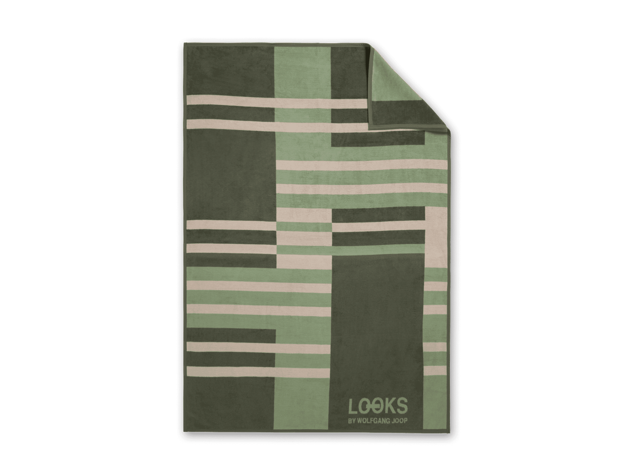 Grüne und beige Decke mit geometrischem Muster und „LOOKS BY WOLFGANG JOOP“-Logo.