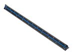 A black triangular architectural scale ruler with a blue center, showing various scales and measurements.