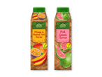 To veganske frugtnektarer i bambus-stil emballage: mango & passionsfrugt og pink guava.