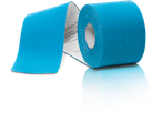Two rolls of sensiplast® Kinesiology Tape in blue, one unrolling to show the grid backing.