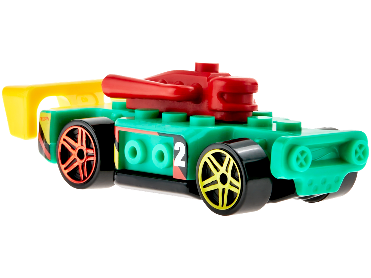 HOT WHEELS speelgoedvoertuig, groene en rode bouwsteenauto met nummer 2.