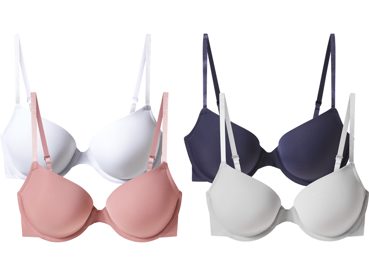 Fyra behåar i olika färger: vit, rosa, marinblå och ljusgrå.