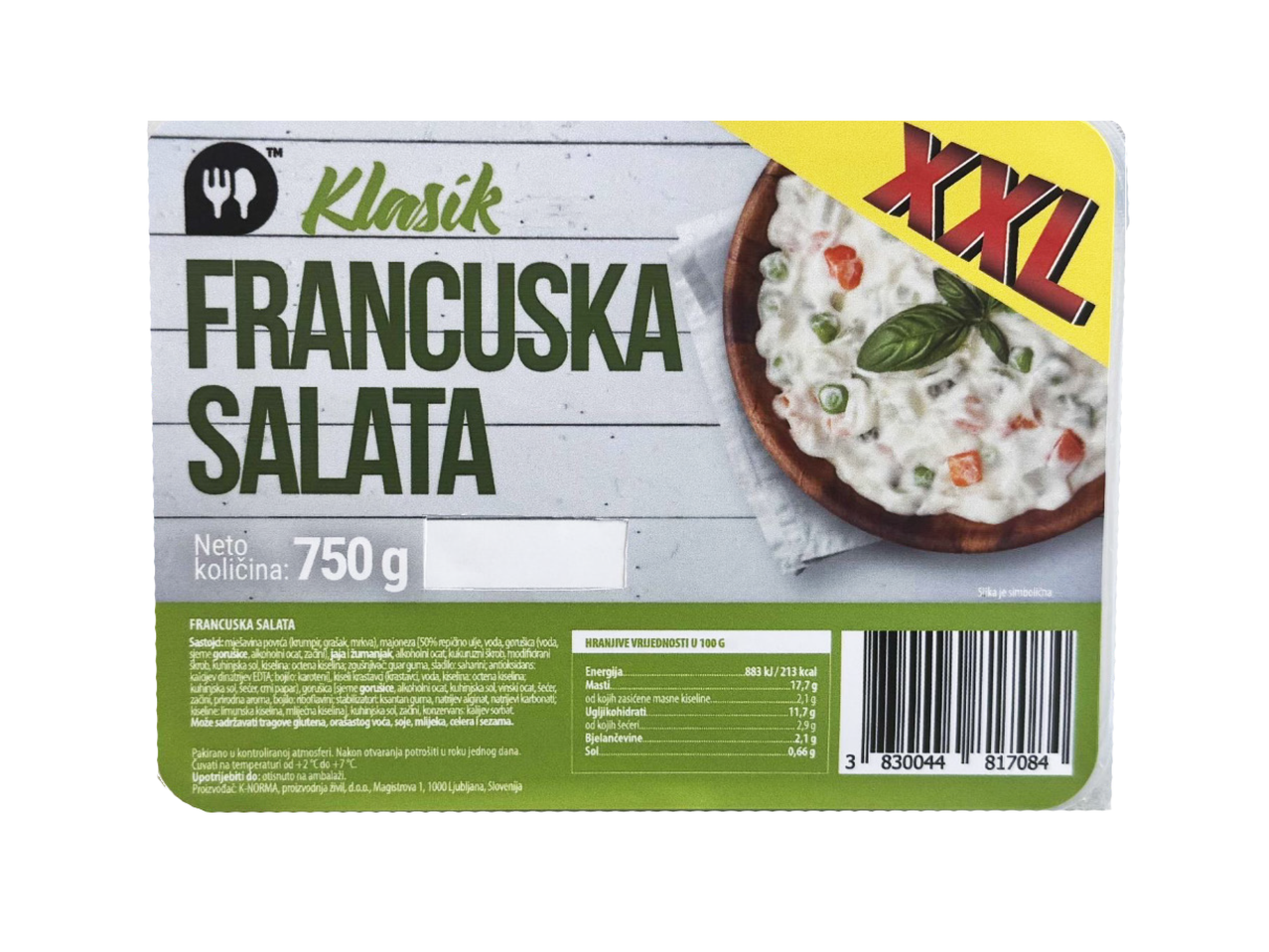 Pakiranje Klasik Francuske salate XXL od 750 g s prikazom salate i nutritivnim vrijednostima.