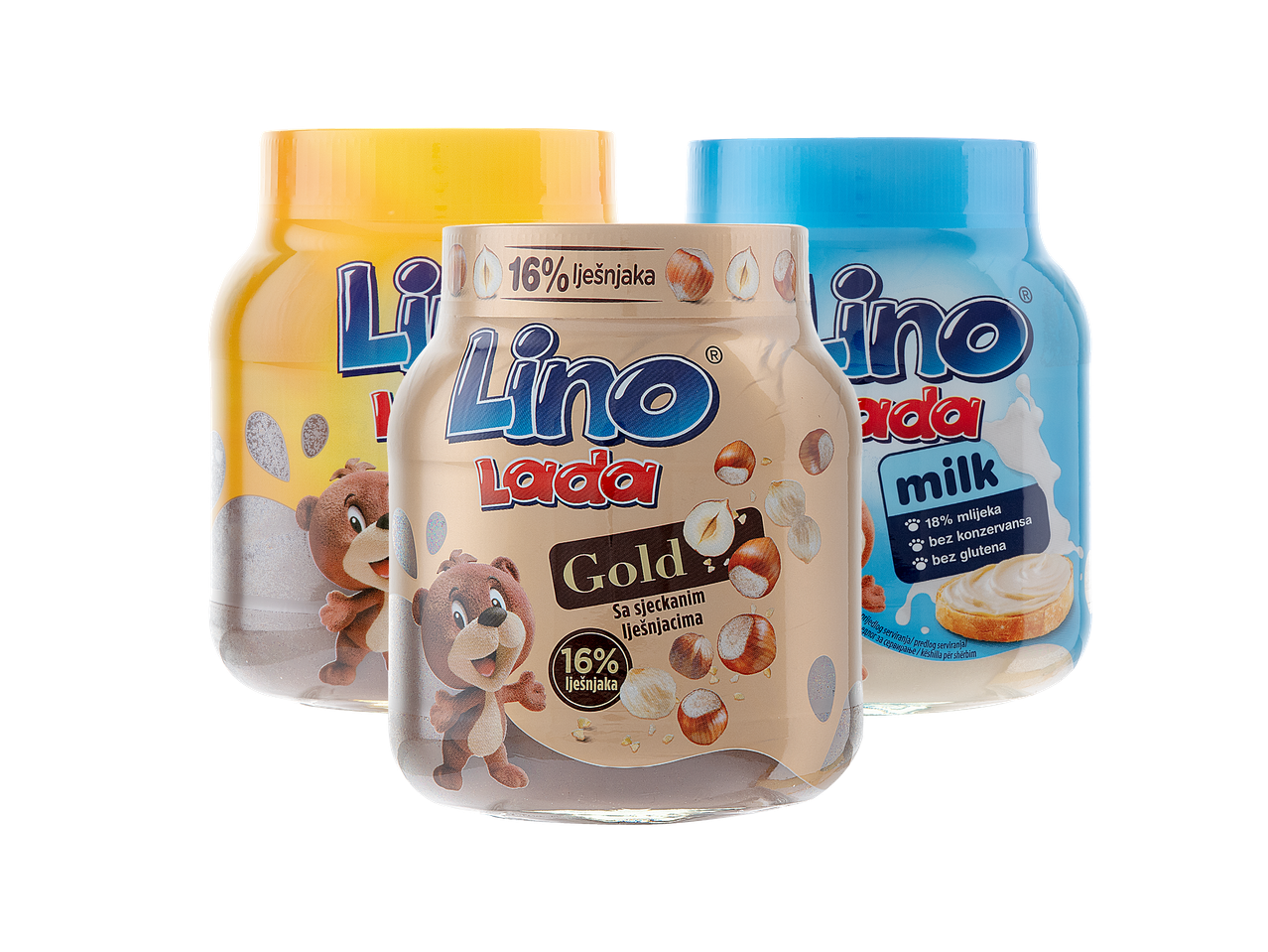 Tri staklenke namaza s okusom lješnjaka i mlijeka, s medvjedićem na pakiranju.