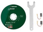 A cutting disc for metal, a wrench, and two carbon brushes.