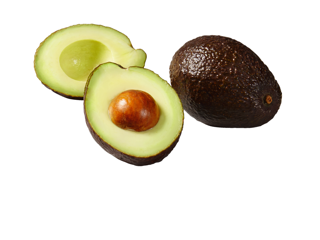 Two halved avocados and one whole avocado on a black background.