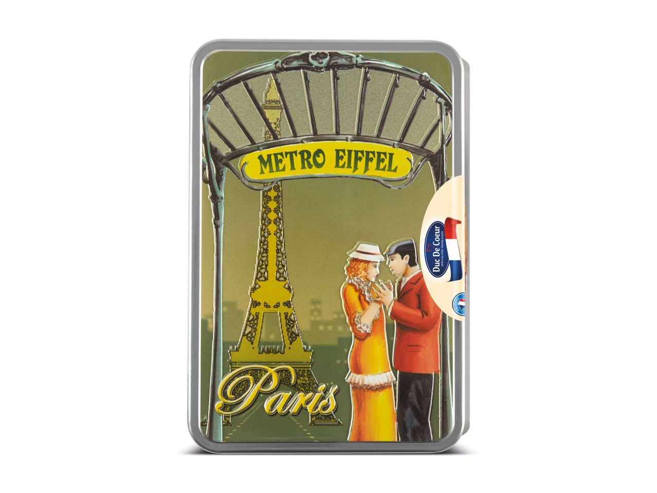 Metalen doos met Parijs-thema, met de Eiffeltoren, een metro-ingang en een stel.