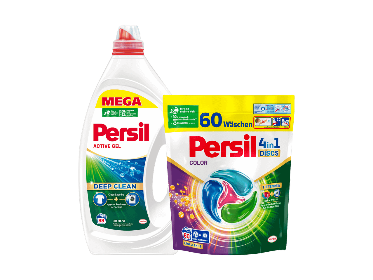 Persil Waschmittel: Mega Active Gel und Color 4in1 Discs für Tiefenreinigung.