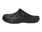 Black clogs with ventilation holes and a blue logo on the side.